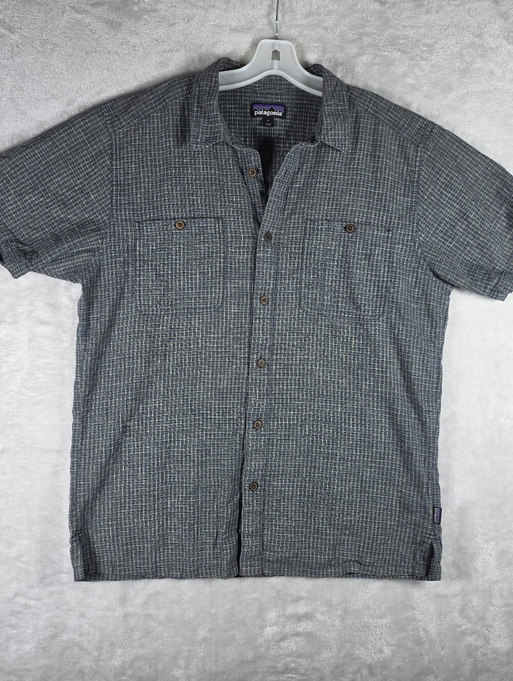 Patagonia Back Step Shirt Mens Size Large Blue Plaid Button Up Hemp Blend